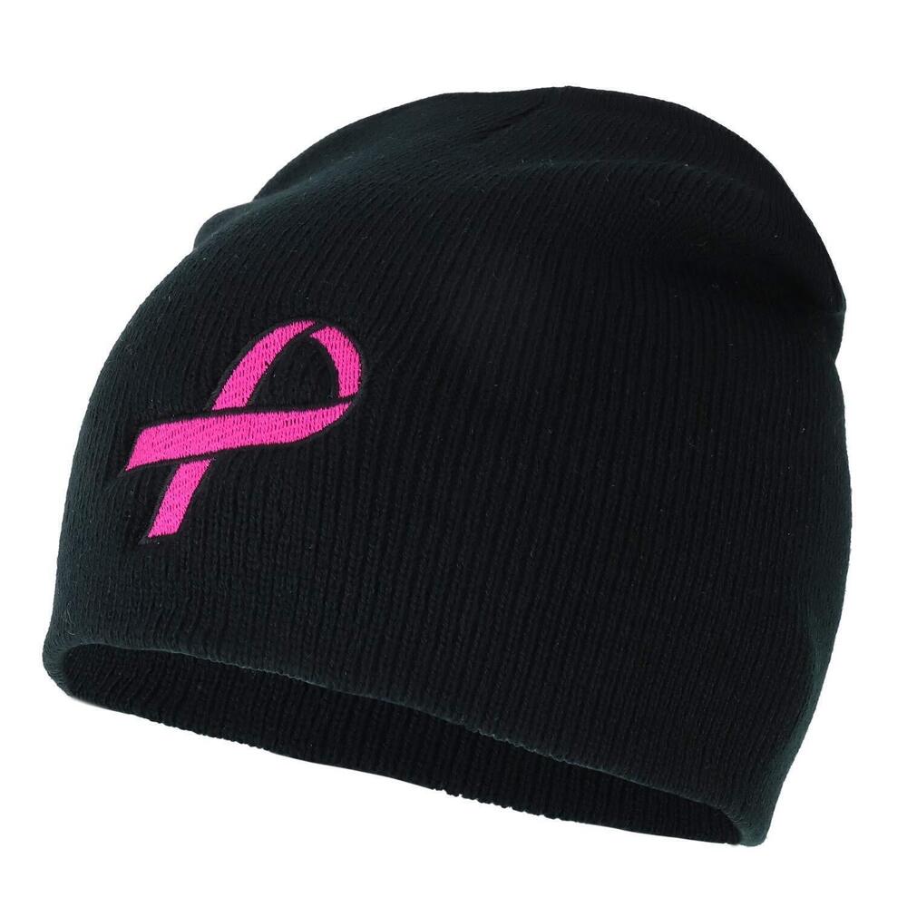 5036 Made in USA Large Breast Cancer Pink Ribbon Embroidered Short Beanie